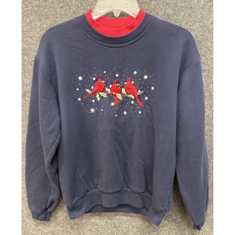 Country Store Cardinal Christmas Sweatshirt Women's M Embroidered Birds Navy